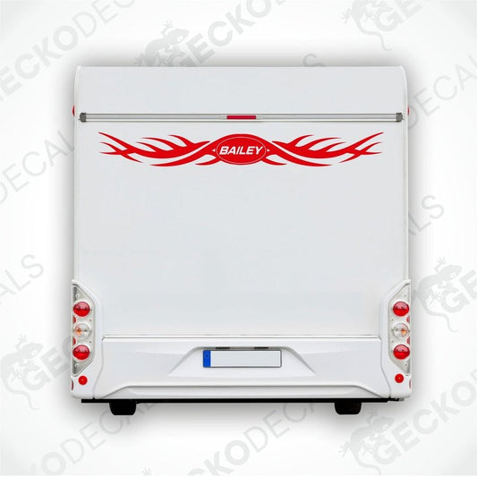 Red BAILEY caravan rear decal applied to white caravan exterior