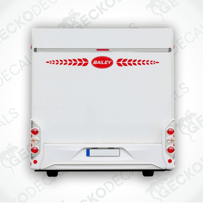 Red BAILEY rear caravan sticker applied to white vehicle above license plate
