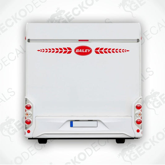 Red BAILEY rear caravan sticker applied to white vehicle above license plate