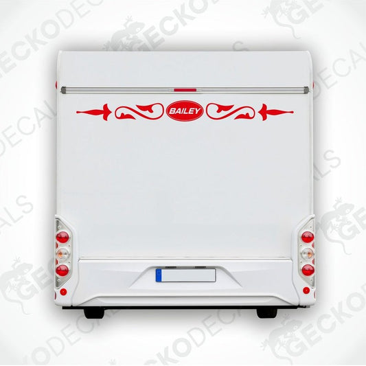 Red BAILEY caravan rear decal applied to white caravan exterior above bumper