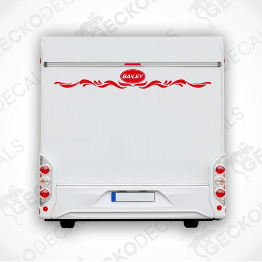 Red BAILEY caravan rear decal applied to white caravan back door with silver handlebar