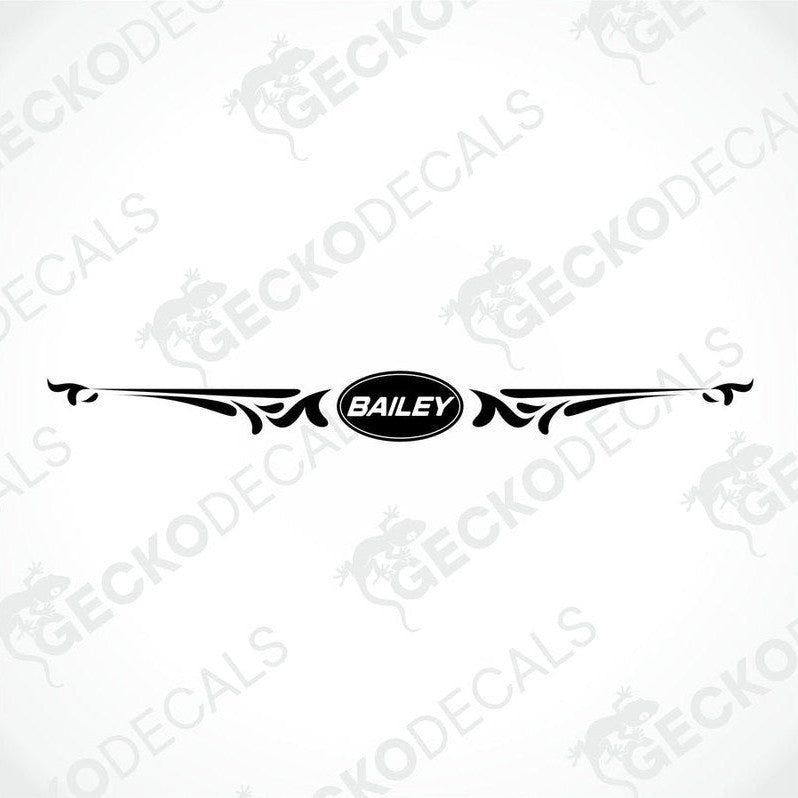 Black and white BAILEY die-cut caravan sticker design on transfer paper