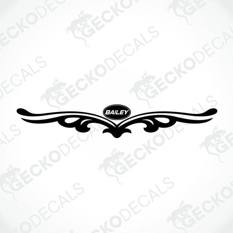 Black BAILEY caravan rear decal sticker with ornate winged design on white background