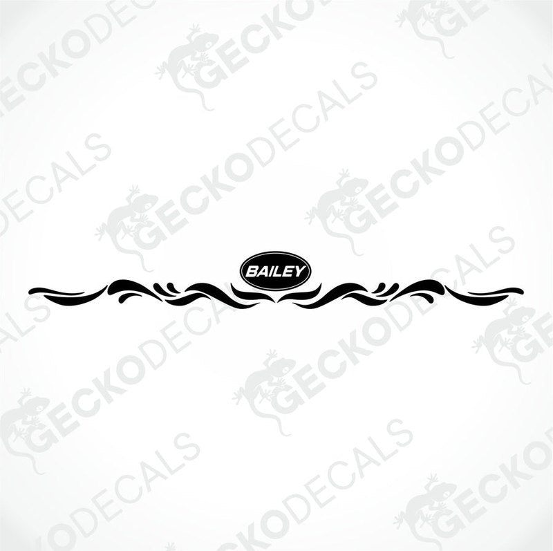 Black BAILEY caravan rear decal with white lettering and ornate scrollwork on transfer paper