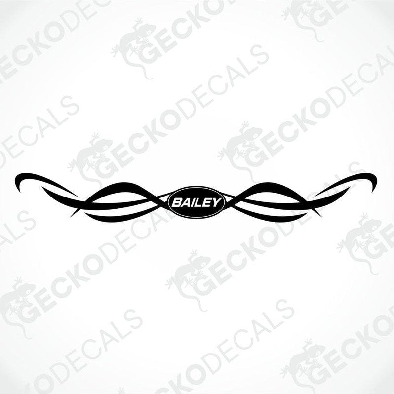 Black BAILEY caravan rear decal with white text and ribbon swirls on transfer paper