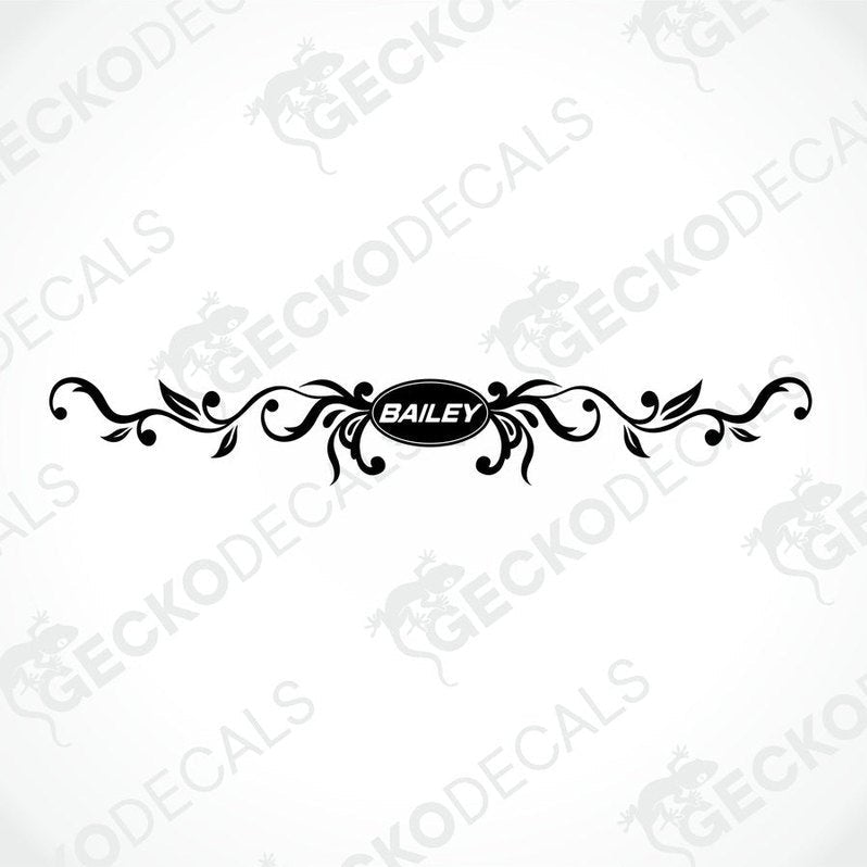 Black BAILEY die-cut decorative sticker with symmetrical leaf scrollwork design