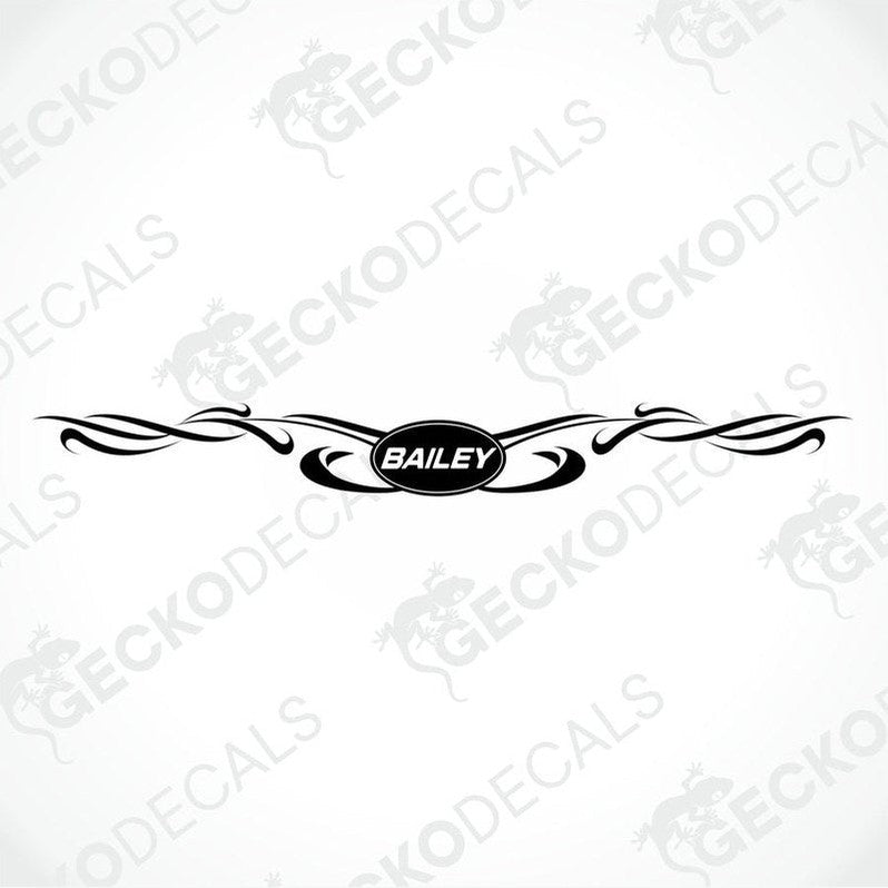 Black and white die-cut Bailey caravan sticker with tribal flame design