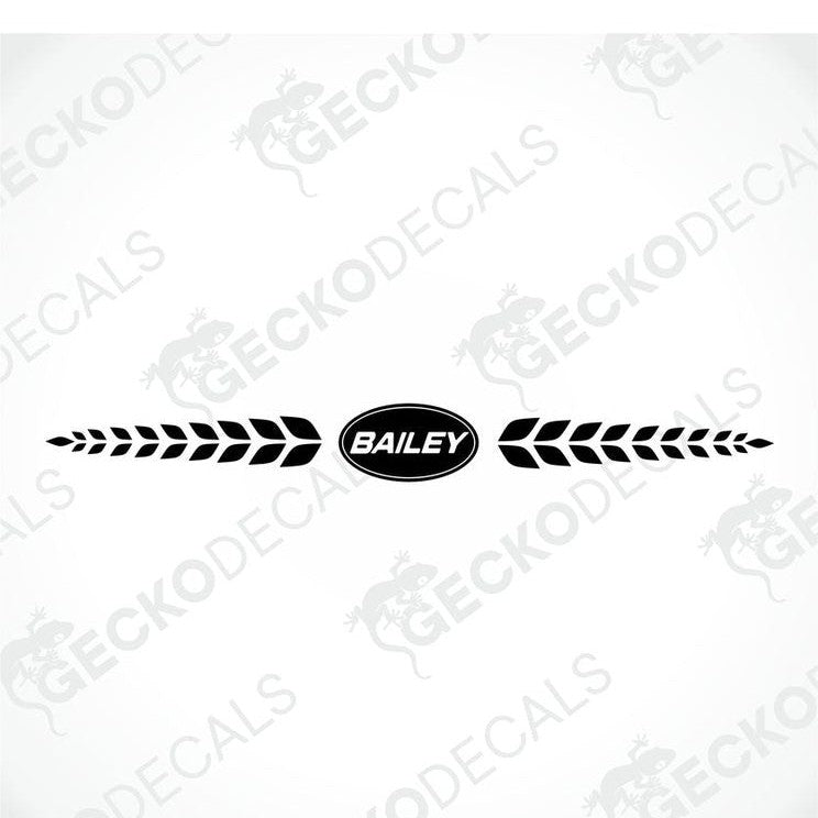 Black BAILEY caravan die-cut decal with white text and leafy wreath design on transfer paper