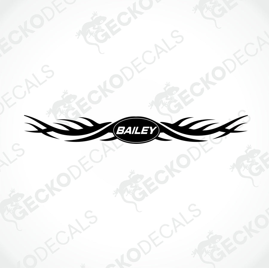 Black BAILEY caravan rear decal with tribal wing motifs on transfer paper