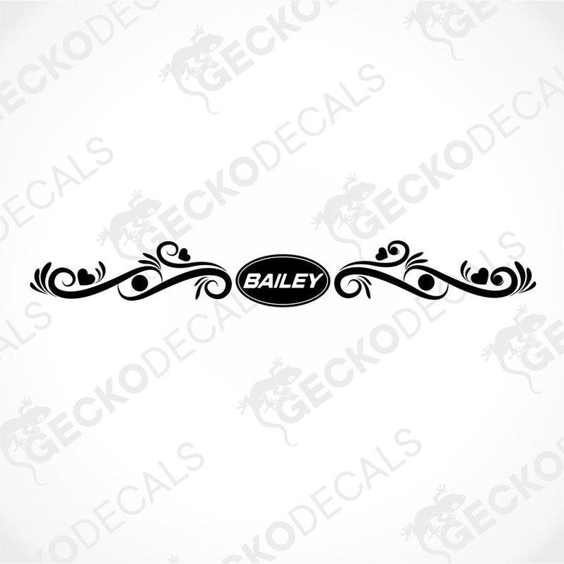 Black BAILEY caravan rear decal die-cut sticker with ornamental scrollwork