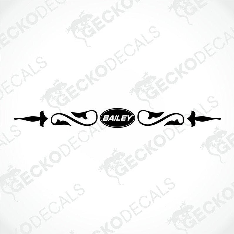 Black BAILEY caravan rear decal die-cut sticker with ornamental scrollwork on transfer paper