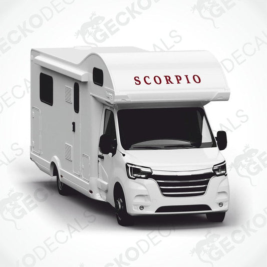 Red Scorpio decal applied to white motorhome roof overhang