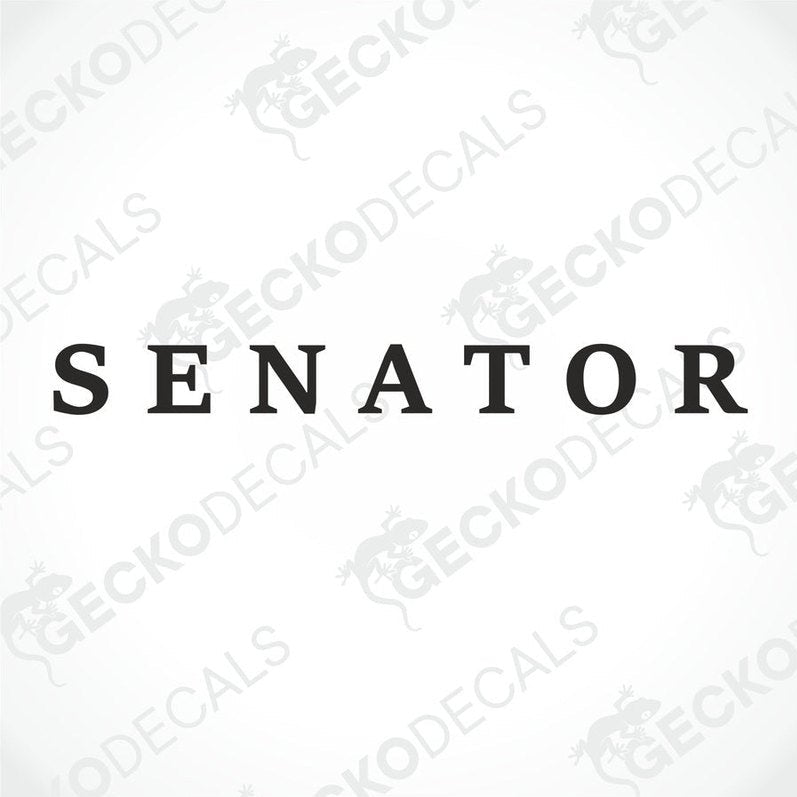 Black SENATOR uppercase serif lettering die cut sticker on white background