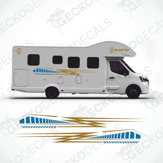 Blue and gold BAVARIA caravan exterior decals applied to white motorhome showing side graphics and logo placement