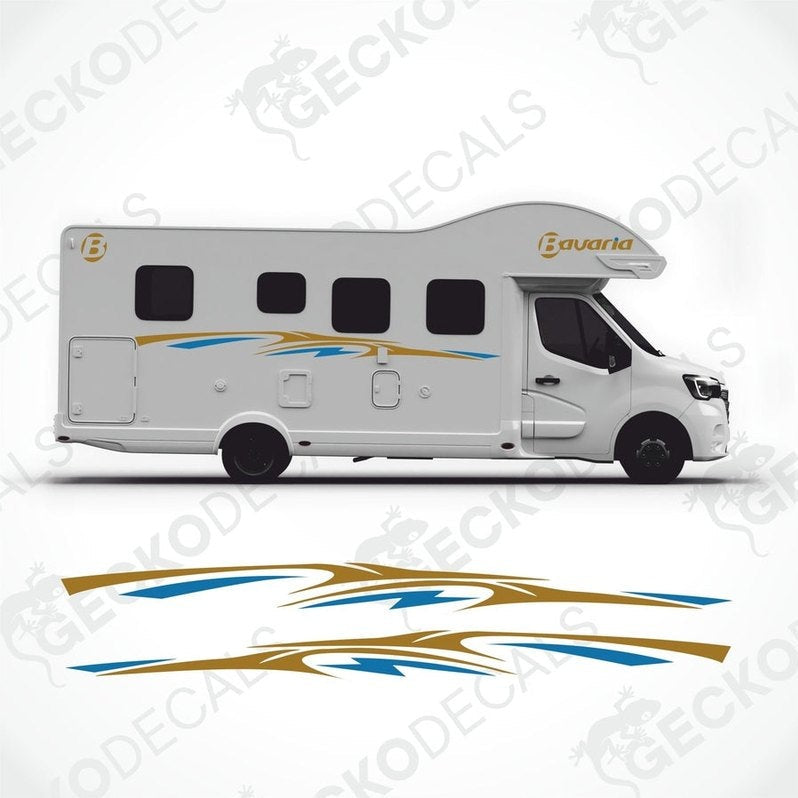 BAVARIA DECORATION SET applied to white motorhome showing gold and blue wave side decals, oval logo, and text decal placement