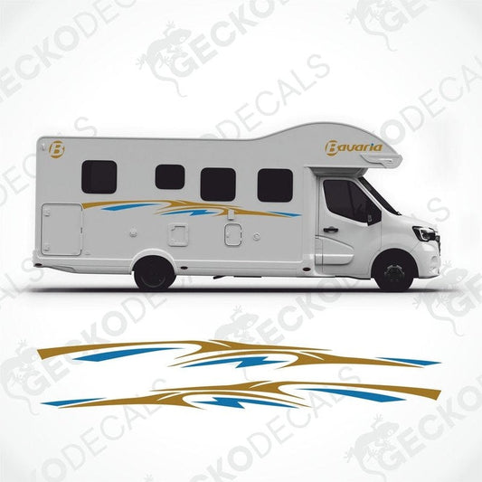 BAVARIA DECORATION SET applied to white motorhome showing gold and blue wave side decals, oval logo, and text decal placement