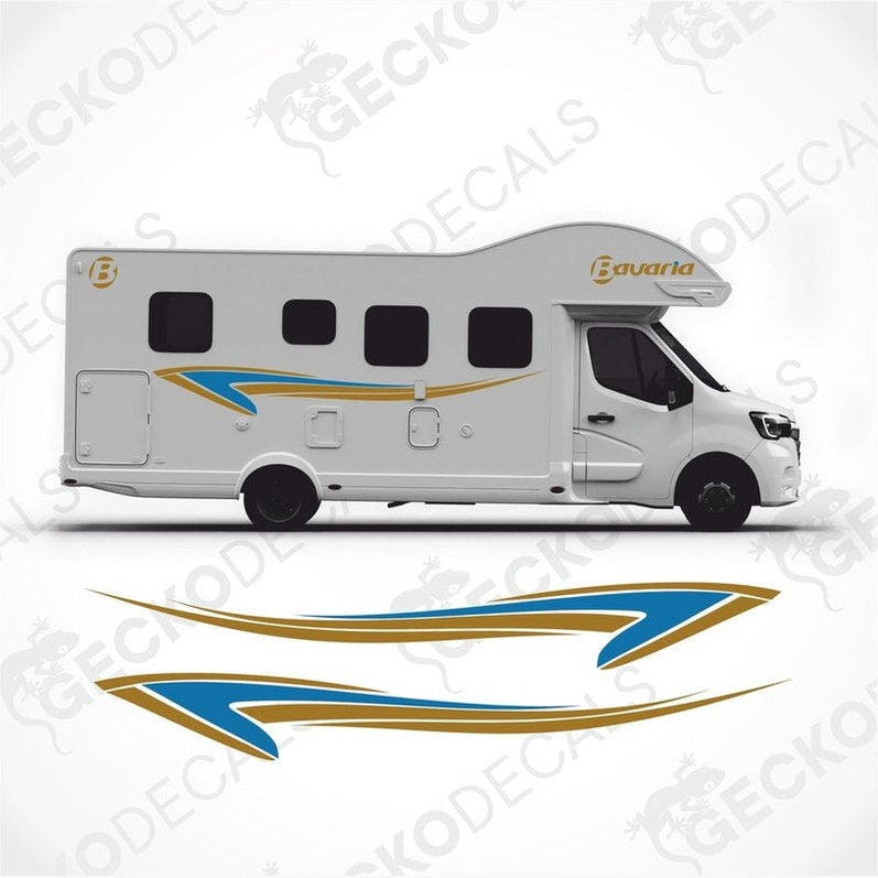 BAVARIA DECORATION SET applied to white motorhome showing blue and gold wave side decals and logos