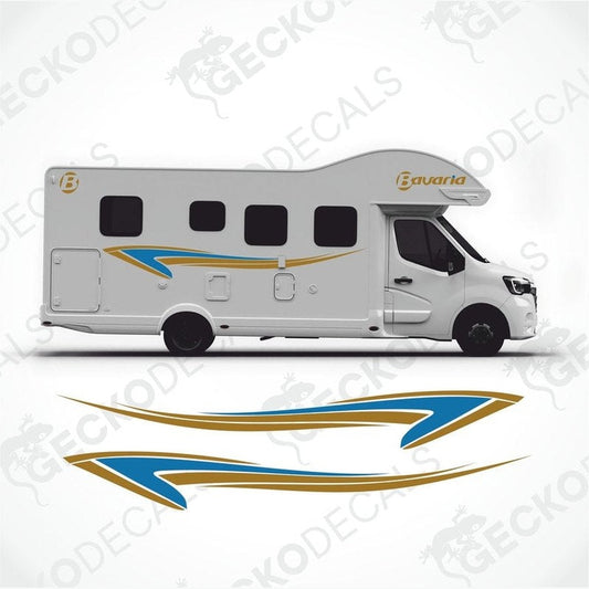 BAVARIA DECORATION SET applied to white motorhome showing blue and gold wave side decals and logos