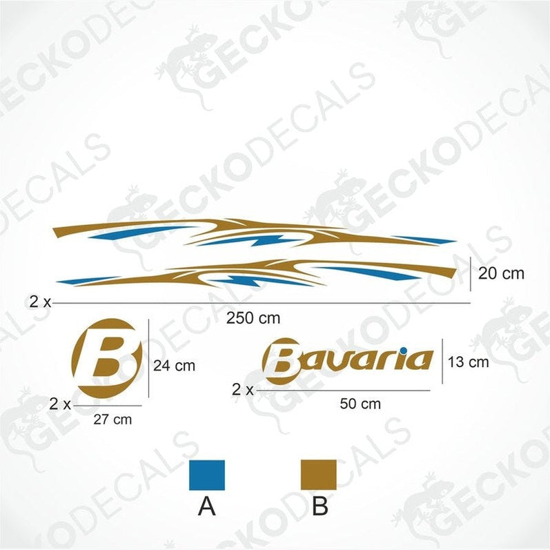 BAVARIA DECORATION SET die-cut sticker diagram with gold and blue wave side decals, oval logo, and text decal dimensions