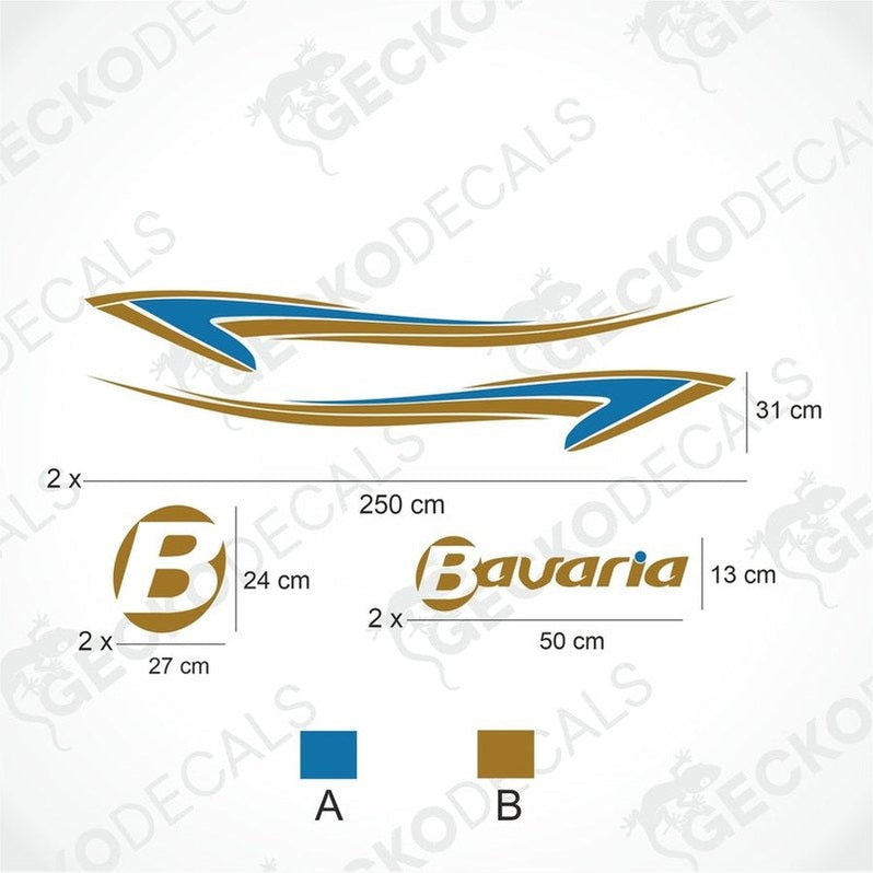 BAVARIA DECORATION SET die-cut sticker diagram with blue and gold wave side decals, oval logo, and text decal