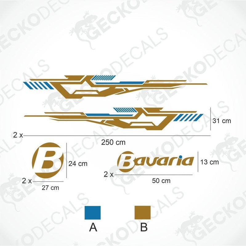 Die-cut BAVARIA caravan sticker set including side graphics, oval logo, and text decal