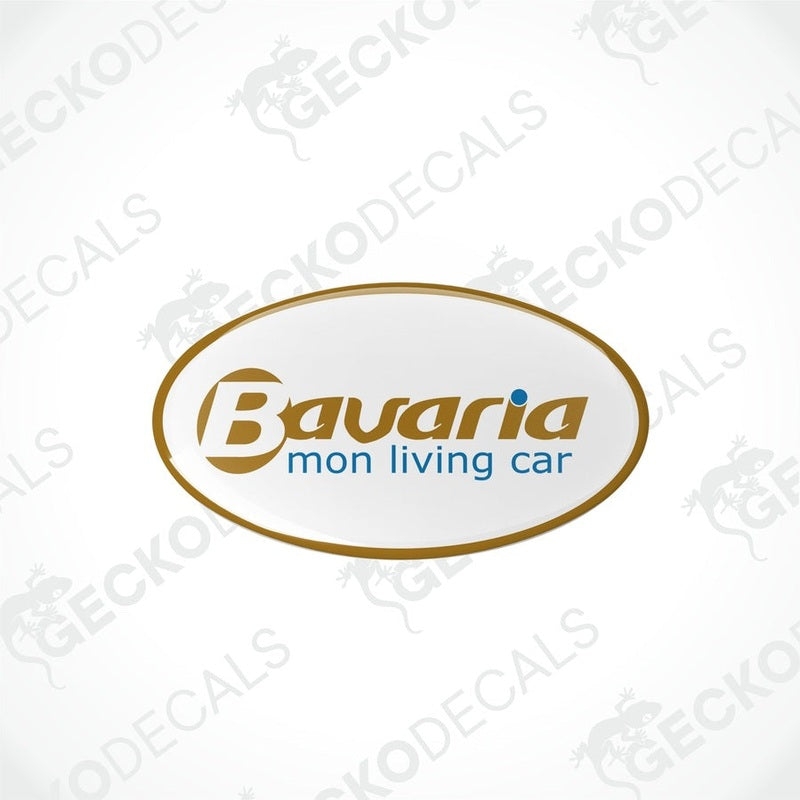 Bavaria domed epoxy resin decal with gold border and blue text