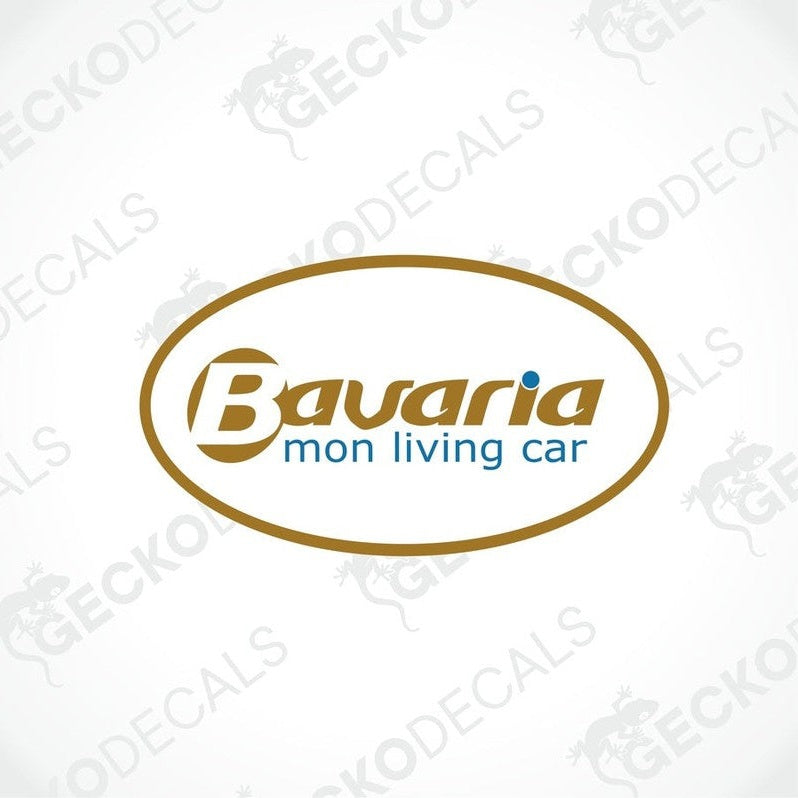 Bavaria Mon Living Car decorative sticker with brown oval logo and blue text for caravan interior or exterior