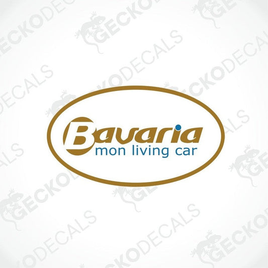 Bavaria Mon Living Car decorative sticker with brown oval logo and blue text for caravan interior or exterior