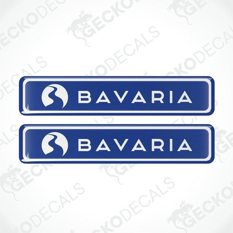 Set of two blue BAVARIA domed vinyl decals for caravan with protective resin finish