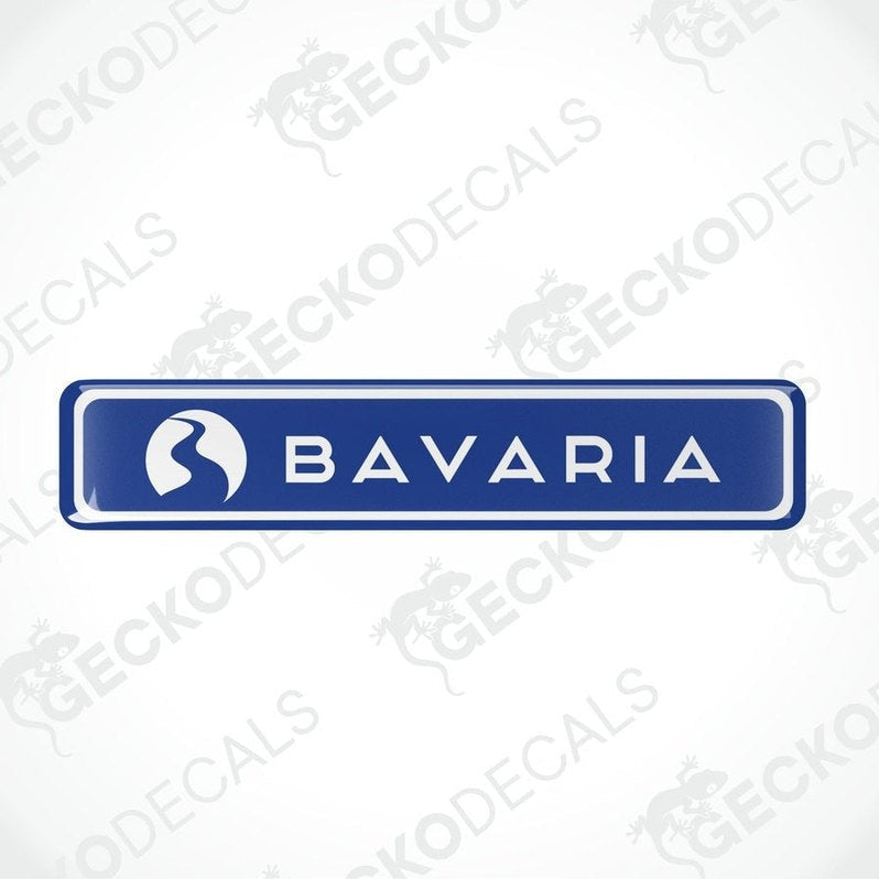 Blue BAVARIA motorhome epoxy decal with white logo and glossy polyurethane coating