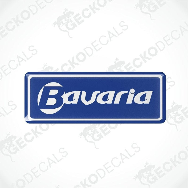 Blue Bavaria motorhome epoxy decal with white logo and glossy finish