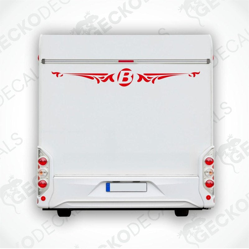 Bavaria caravan rear decal with red B logo and ornate wings applied to white trailer