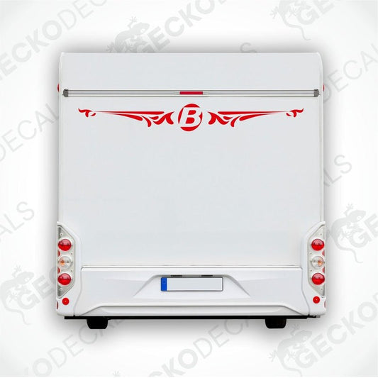 Bavaria caravan rear decal with red B logo and ornate wings applied to white trailer