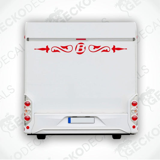 Red BAVARIA caravan rear decal applied to RV above license plate area
