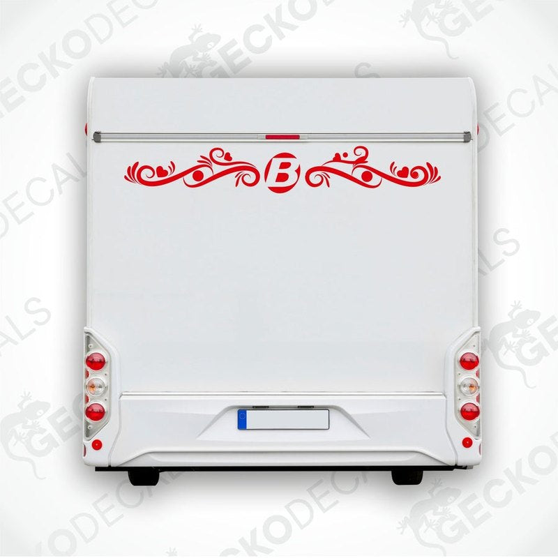 Red Bavaria decorative sticker applied to white caravan rear door