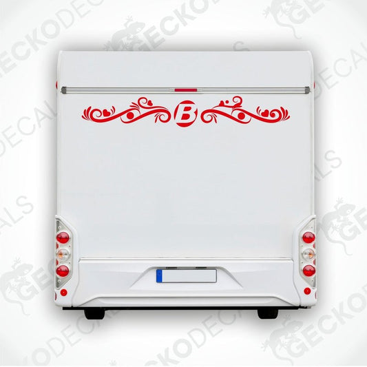 Red Bavaria decorative sticker applied to white caravan rear door