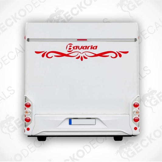 Red Bavaria caravan rear decal with ornate scrollwork applied to white trailer