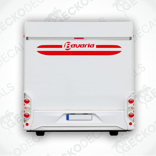 Red Bavaria caravan rear decal applied to RV back door