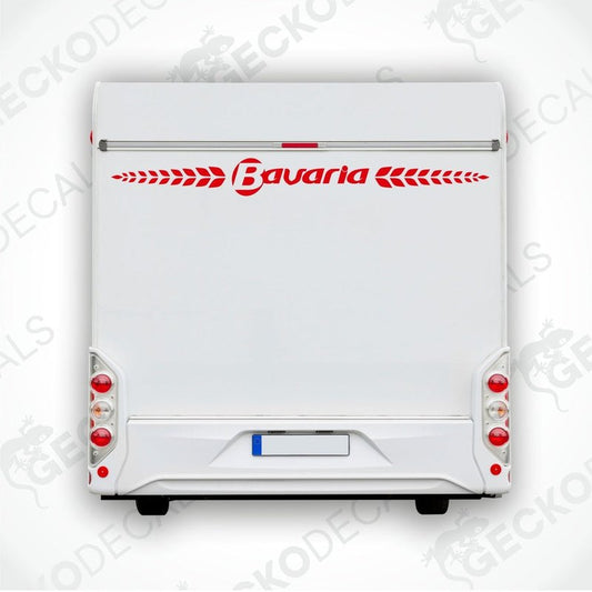Red Bavaria rear caravan decal applied to white trailer door