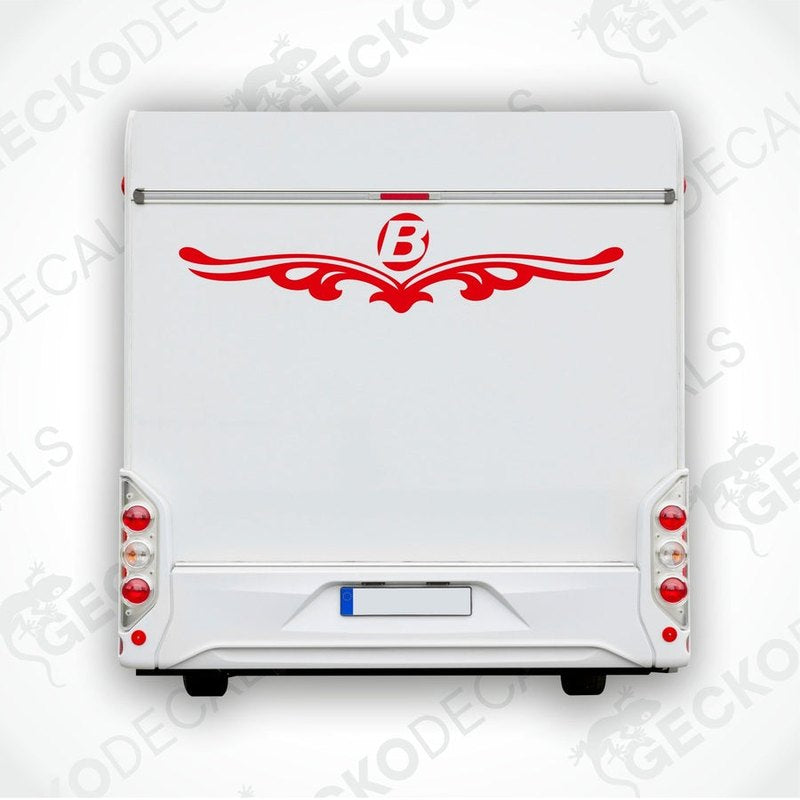Bavaria caravan rear decal with winged B emblem on white exterior