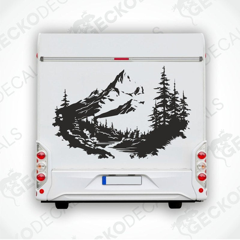 A die cut decal of a mountain scenery with trees, intended for use on vehicles or equipment.
