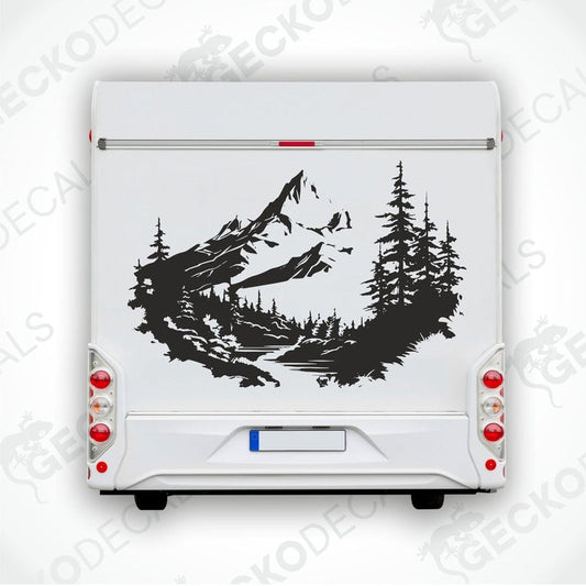 A die cut decal of a mountain scenery with trees, intended for use on vehicles or equipment.