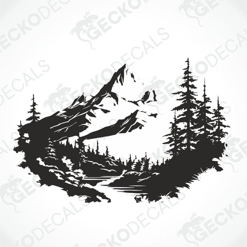 A die cut decal of a mountain scenery with trees, intended for use on vehicles or equipment.