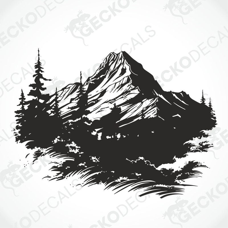 A die cut decal of a mountain scenery with trees, applied on the rear of a white vehicle.