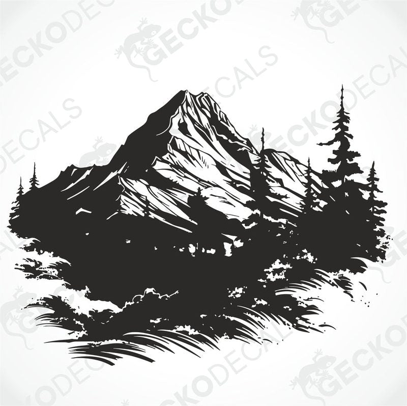 A die cut decal of a mountain scenery with trees, applied on the rear of a white vehicle.