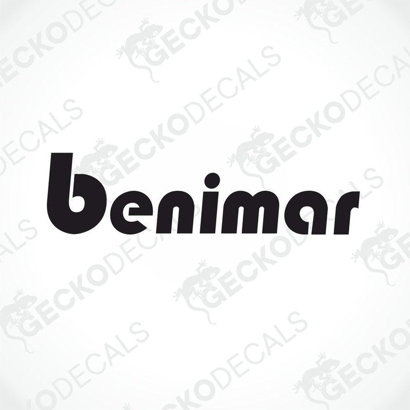 A black die cut sticker with the word 'BENIMAR' in white.