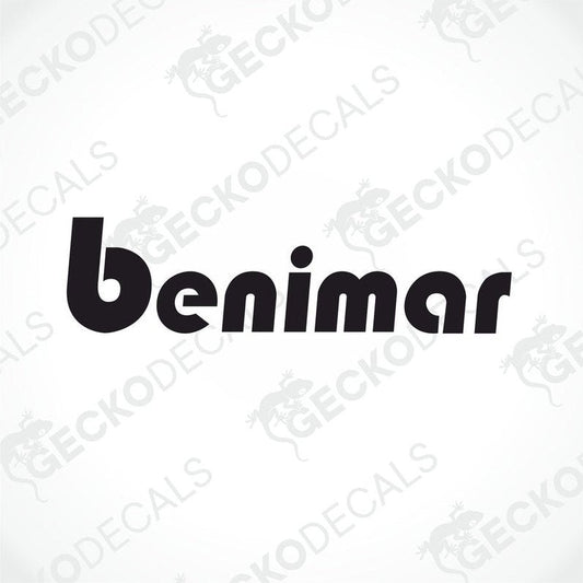 A black die cut sticker with the word 'BENIMAR' in white.