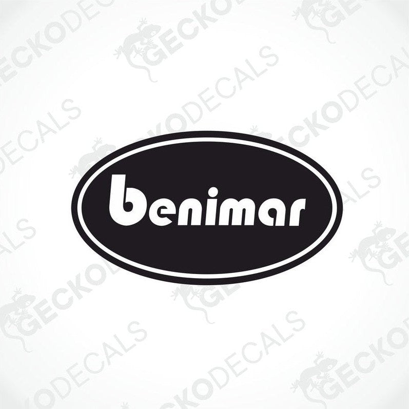 A black and white die cut sticker with the brand name 'BENIMAR' displayed in a circular design.