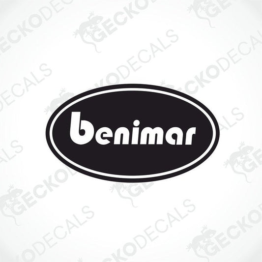 A black and white die cut sticker with the brand name 'BENIMAR' displayed in a circular design.