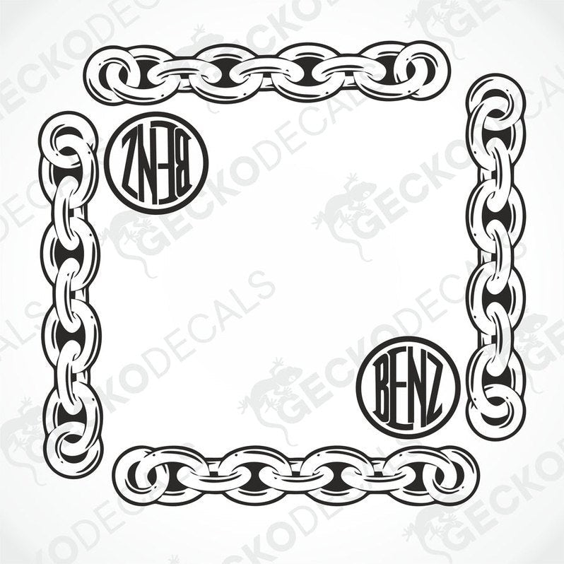 A black and white image of a die cut decal with chain design and the Mercedes-Benz logo, intended for use as a side window decal.